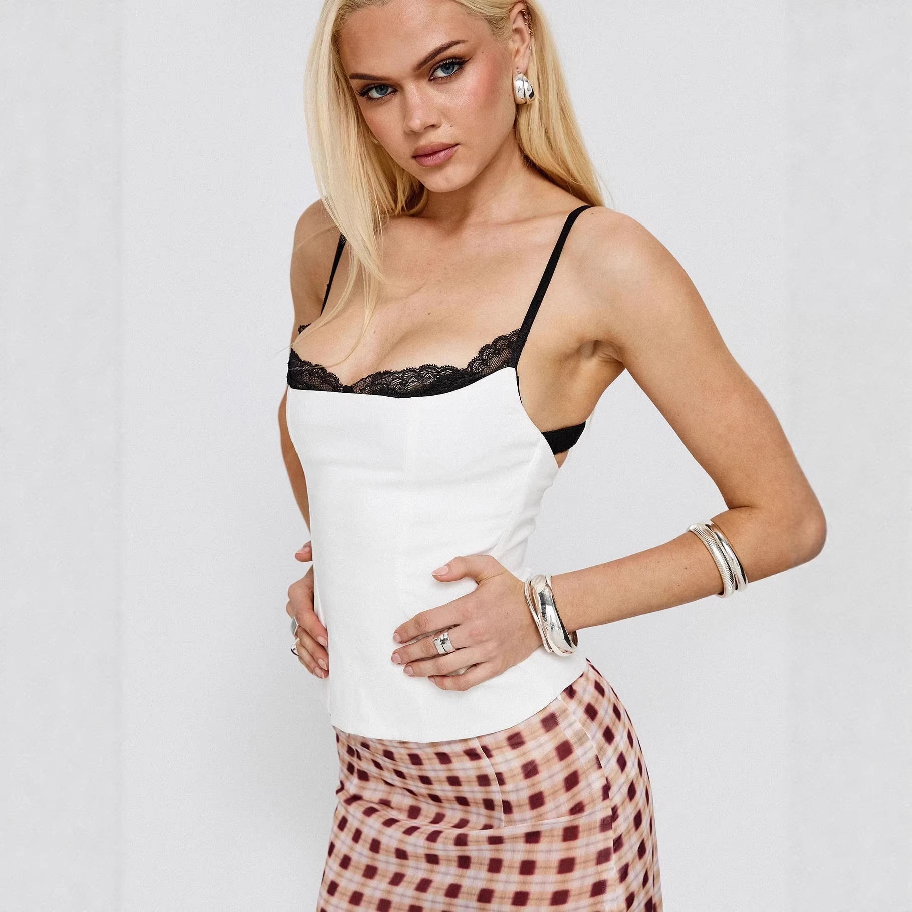 Damen Polka Dots Bustier-Top mit Spitzenakzenten