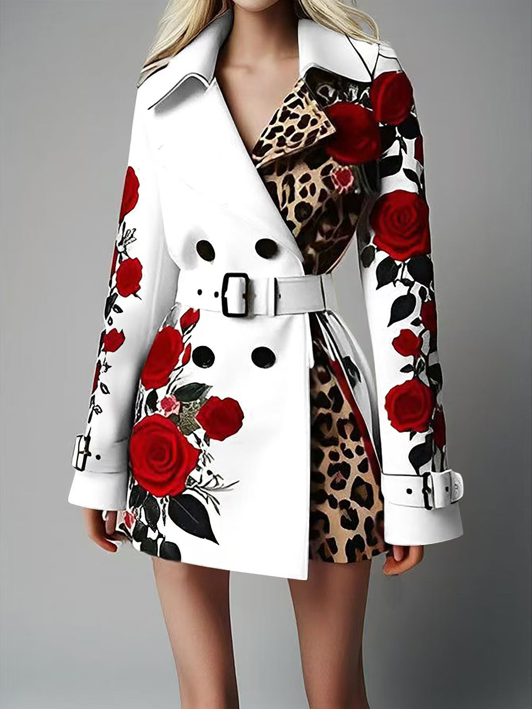 Damen Taillierter Trenchcoat mit Rosenprint und Leoparden-Innenfutter Shop Nory