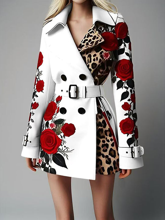 Damen Taillierter Trenchcoat mit Rosenprint und Leoparden-Innenfutter Shop Nory