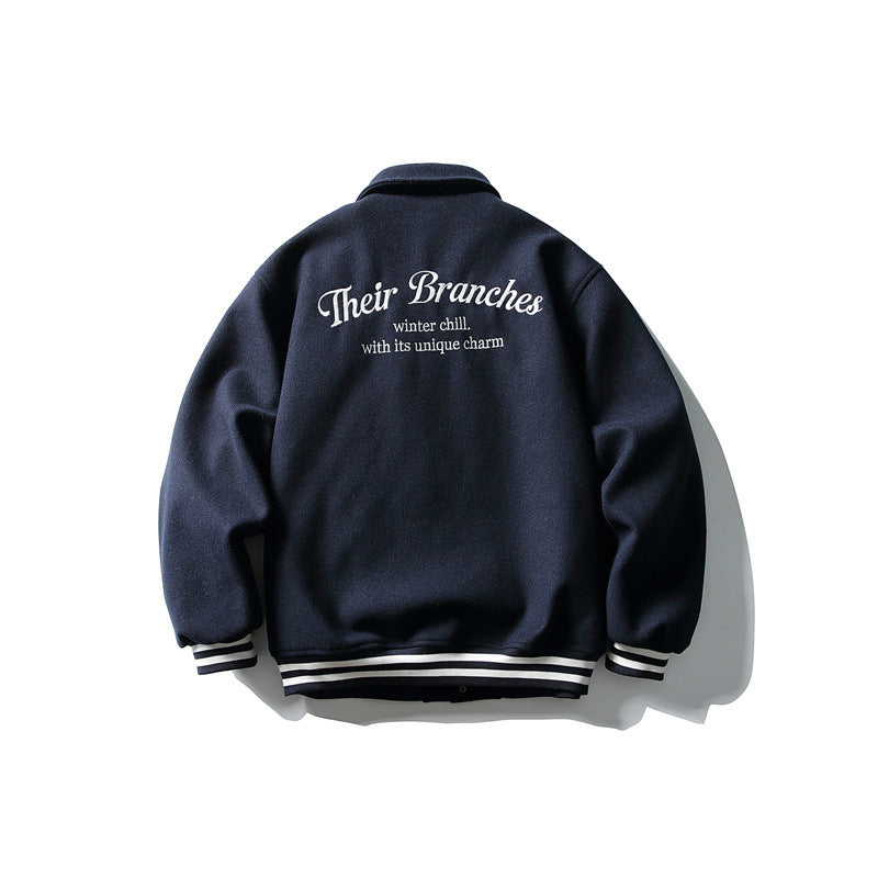 Herren Boxy College‑Blousonjacke aus Wollmix mit Druckknopfverschluss und gestreiften Rippbündchen Shop Nory
