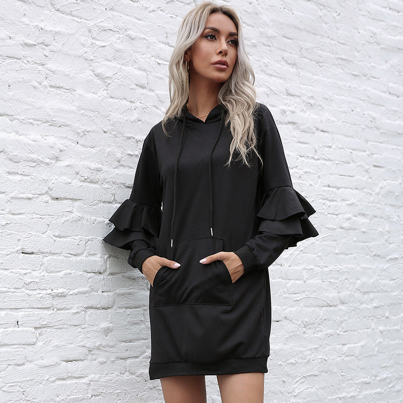 Damen Oversize-Kapuzenkleid mit zweistufigen Volantärmeln und Eingrifftasche Shop Nory