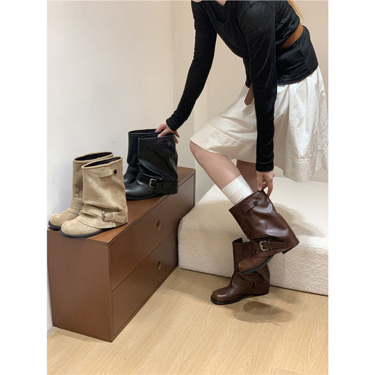 Damen Slouchy Bikerstiefeletten mit verstellbarem Schnallenriemen und runder Zehenform Shop Nory