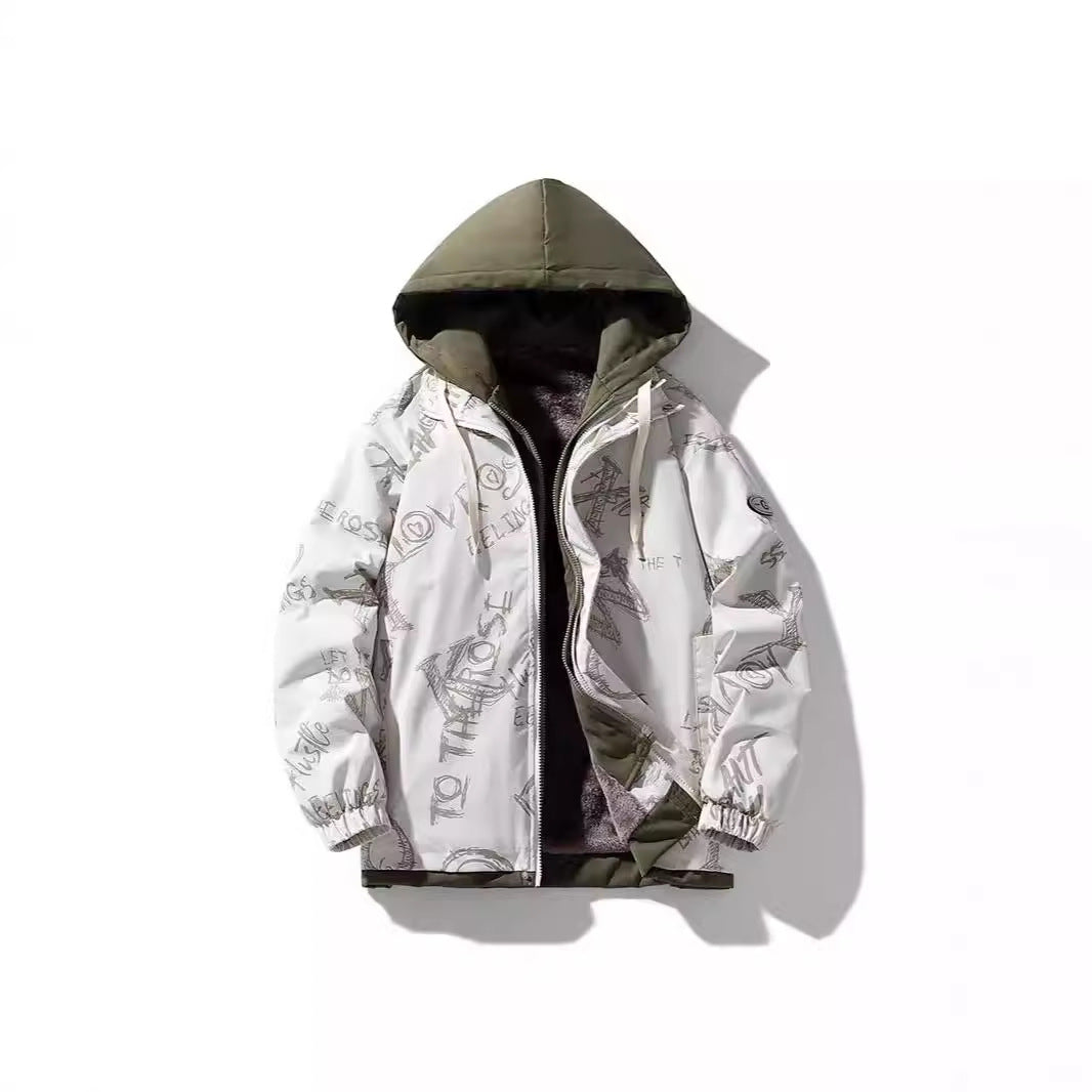 Herren Gefütterte Kapuzenjacke mit grafischem Print, Teddy-Innenfutter und winddichter Außenhülle Shop Nory