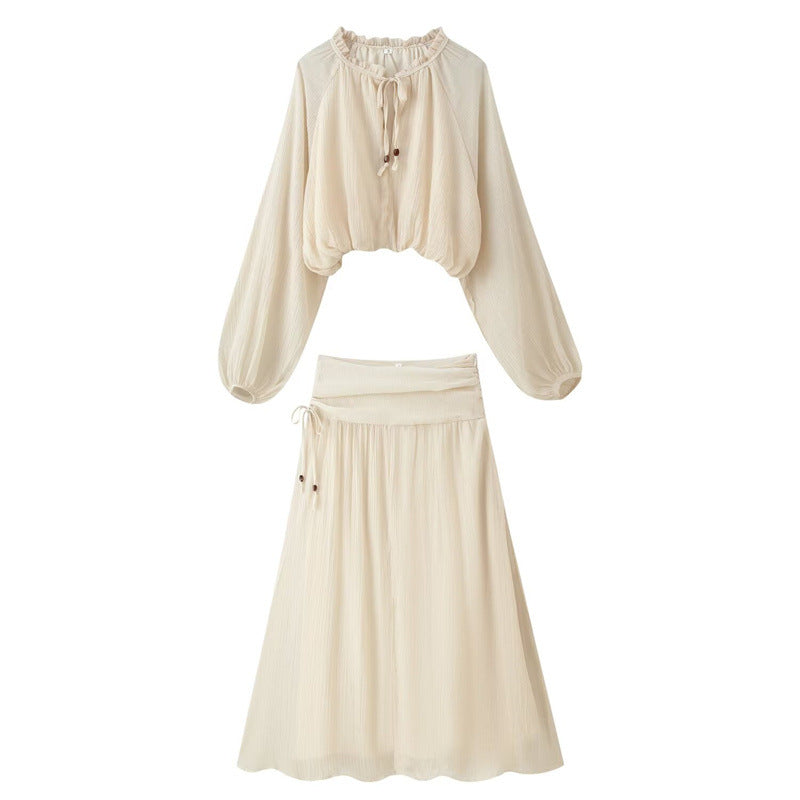 Damen Zweiteiliges Boho-Set mit verkürzter Rüschenbluse, Ballonärmeln und hochtailliertem Maxirock Shop Nory