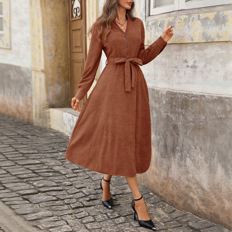 Damen Midikleid A‑Linie mit V‑Ausschnitt, Knopfleiste, dreiviertelärmeln und Taillenband Shop Nory