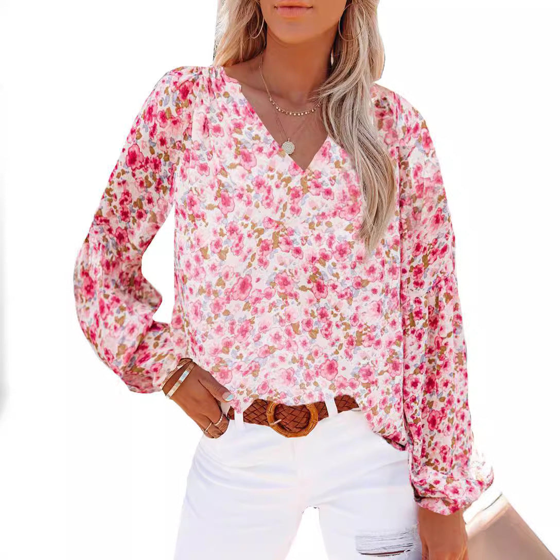Damen Bluse mit floralen Mustern und V-Ausschnitt