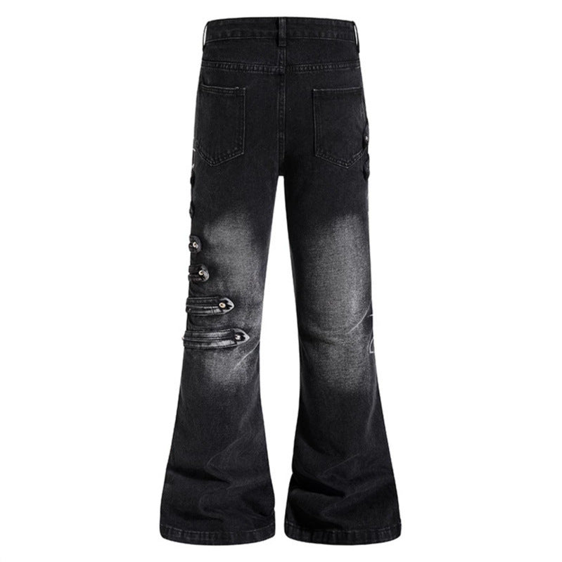 Damen Weite Jeanshose mit Used‑Effekt und seitlichen Zierknopfleisten Shop Nory