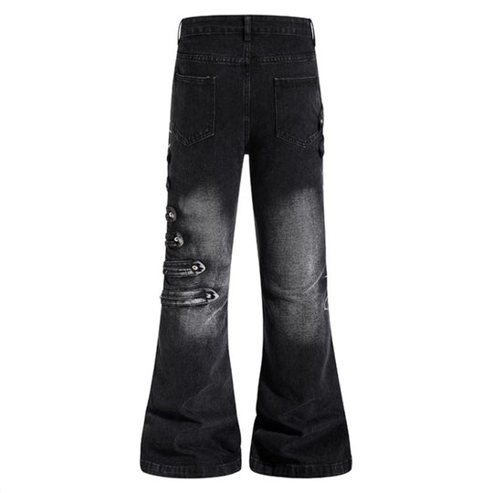 Damen Weite Jeanshose mit Used‑Effekt und seitlichen Zierknopfleisten Shop Nory