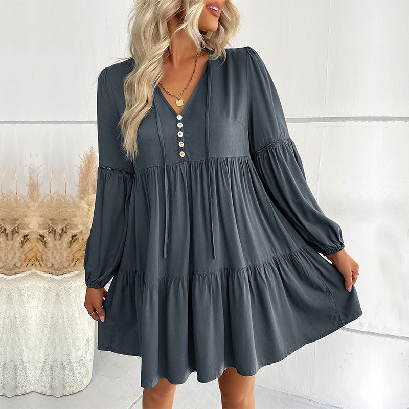 Damen Weiches Stufen-Minikleid mit V-Ausschnitt, Knopfleiste und Ballonärmeln Shop Nory