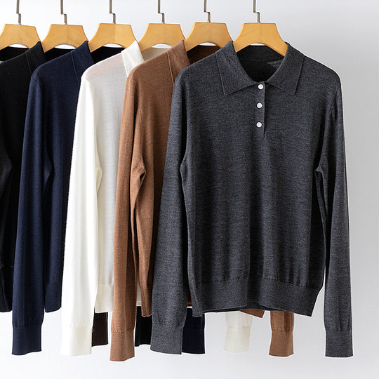 Damen Feiner Langarm-Polo-Pullover aus Feinstrick mit Knopfleiste Shop Nory