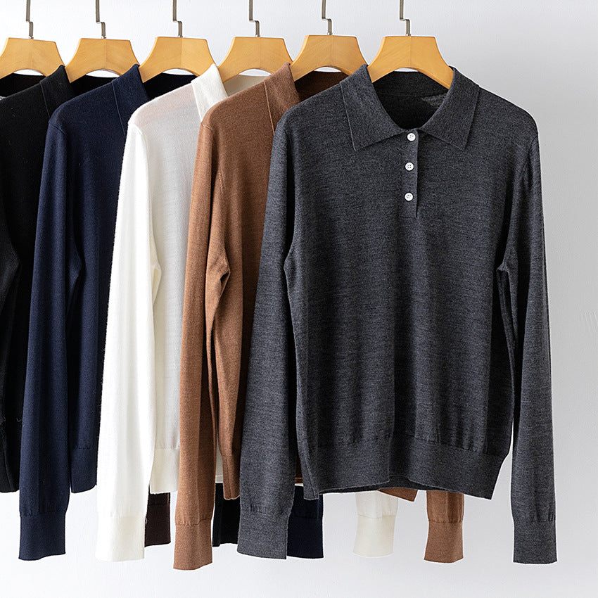 Damen Feinstrick-Polopullover mit Knopfleiste, leichtem Fall und Rippbündchen Shop Nory