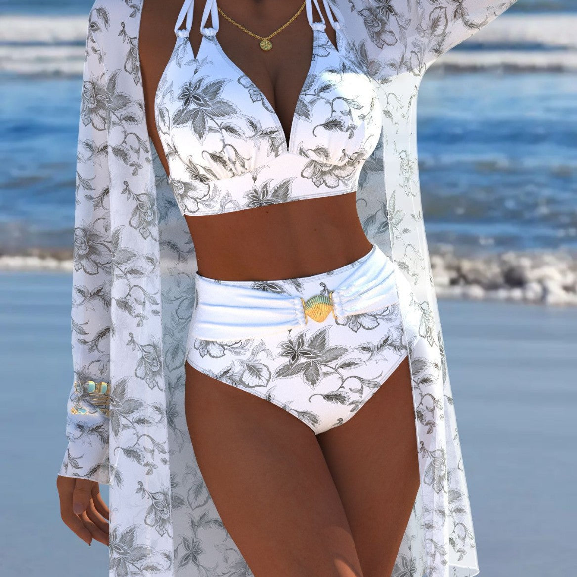 Damen Bikini-Set mit kreativem geometrischen Design und hohem Bund