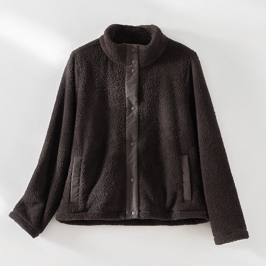 Damen kuschelige Teddy-Fleecejacke mit Stehkragen, Druckknopf-Leiste und kontrastierten Tascheneinfassungen Shop Nory