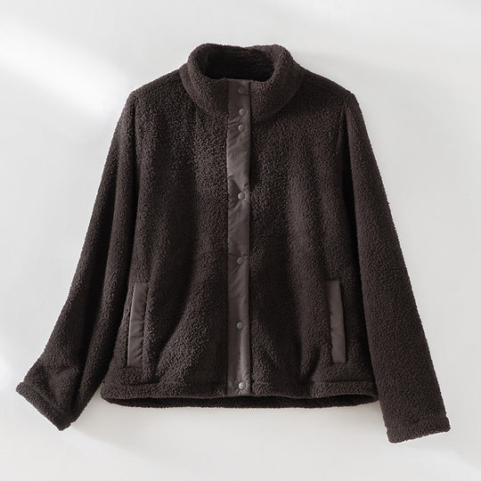 Damen kuschelige Teddy-Fleecejacke mit Stehkragen, Druckknopf-Leiste und kontrastierten Tascheneinfassungen Shop Nory