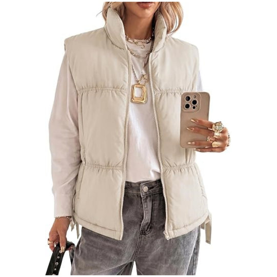 Damen Wattierte Ärmellose Weste mit Stehkragen und Kordelzug Shop Nory