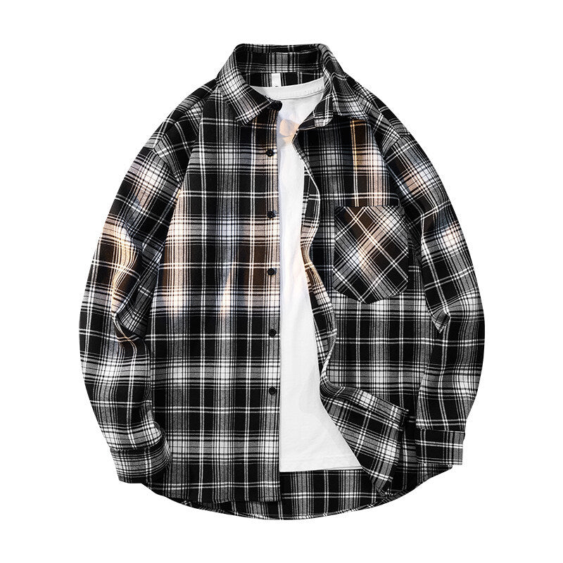 Herren kariertes Oversized Flanellhemd mit aufgesetzter Brusttasche, Rundem Saum und durchgeknöpfter Vorderseite Shop Nory