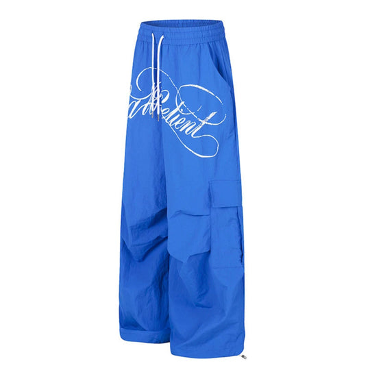 Damen Weite Palazzo-Cargohose mit elastischem Tunnelzugbund, großen Klappentaschen und Statement-Schriftprint Shop Nory