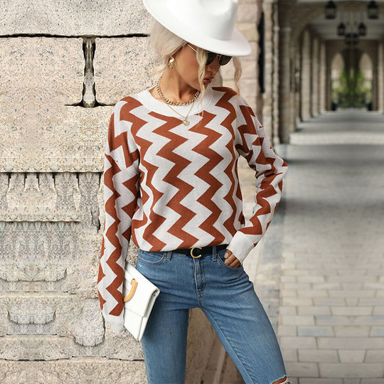 Damen figurfreundlicher Feinstrickpullover mit Zickzack‑Jacquard und Rundhalsausschnitt Shop Nory