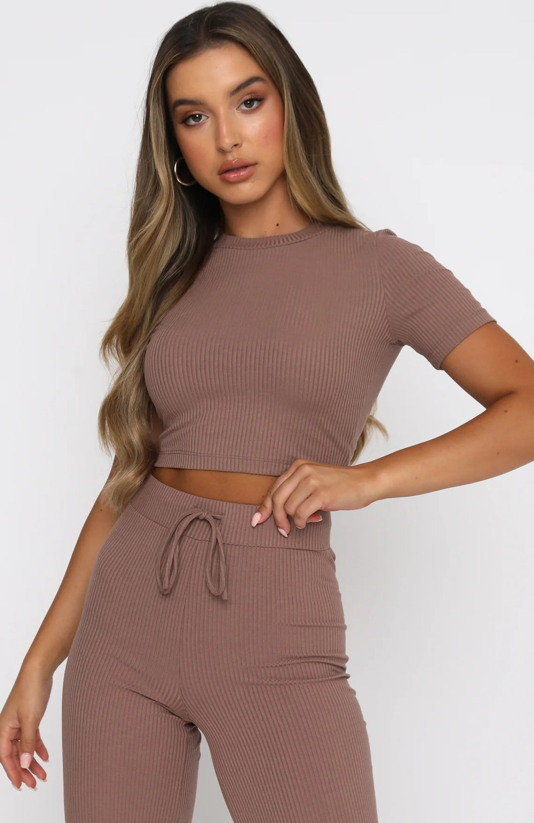 Damen Geripptes Crop-Set aus Stretch‑Jersey mit taillenhoher Kordel-Hose Shop Nory