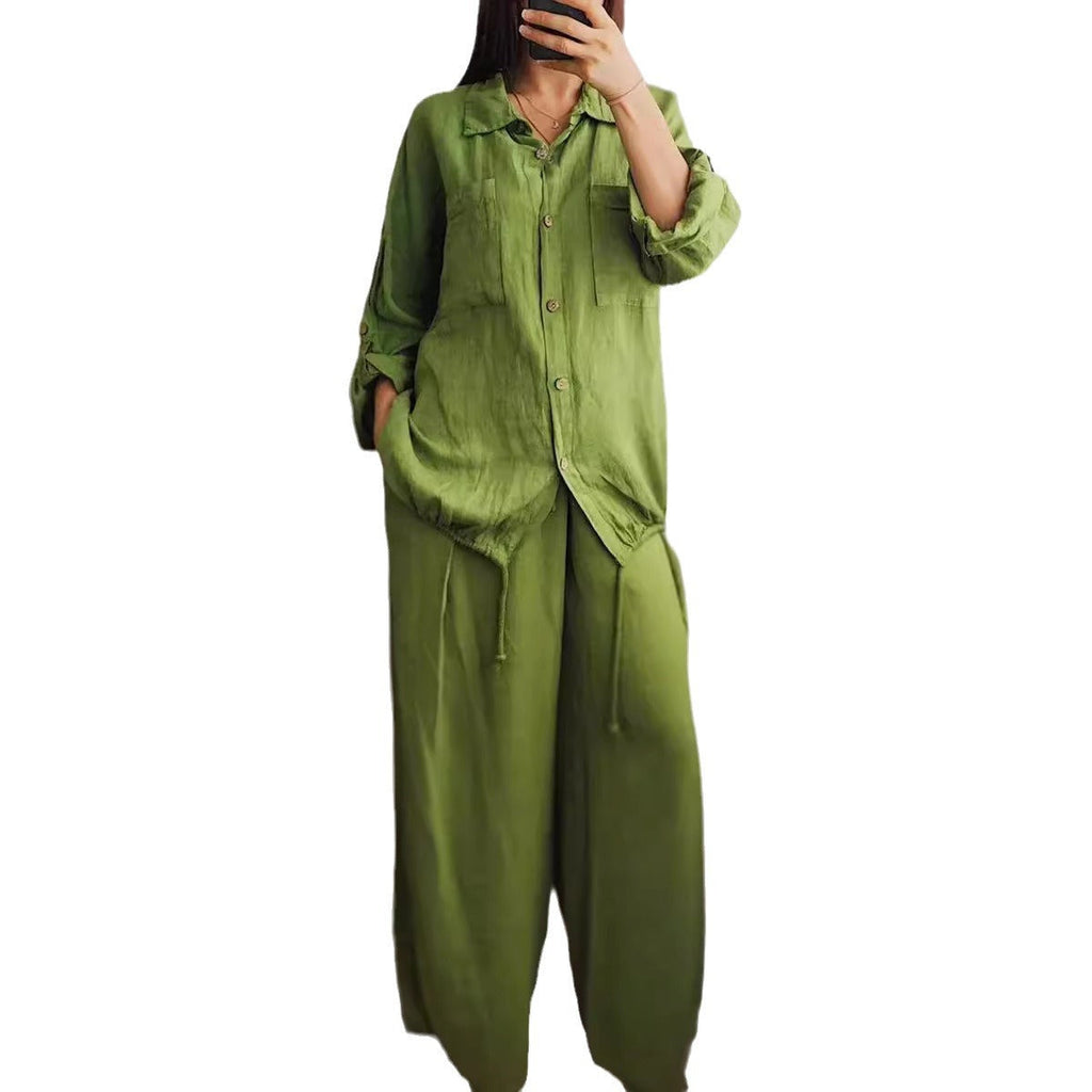 Damen Leinen-Set mit weiten Hosen undlässiger Bluse
