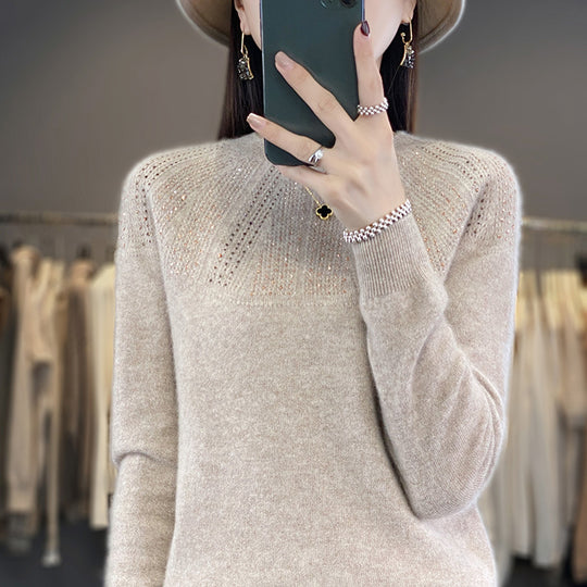 Damen Weicher Kaschmir‑Optik Feinstrickpullover mit Ajour‑Yoke und Paillettenbesatz Shop Nory