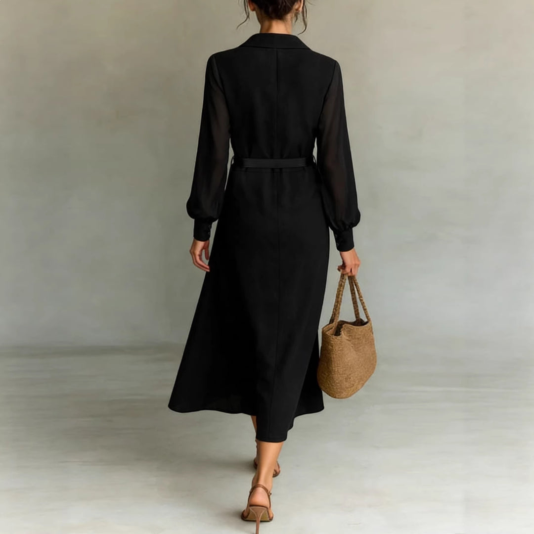 Damen Schlankes Maxi‑Hemdkleid mit transparenten Ballonärmeln und taillierter Silhouette Shop Nory