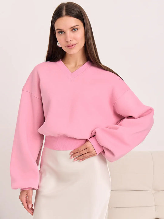 Damen Cropped V-Ausschnitt Pullover mit Ballonärmeln und Rippbund Shop Nory