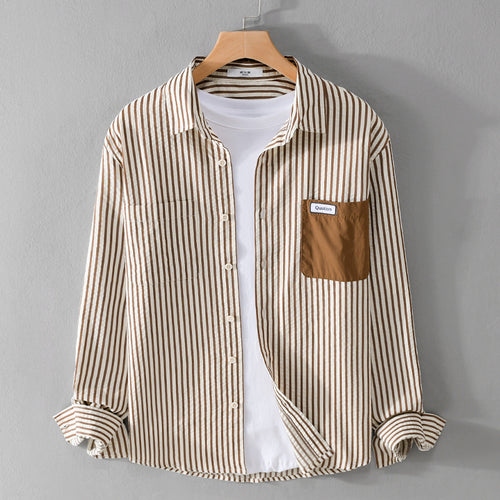 Herren Gestreiftes Langarm-Overshirt aus Baumwollmix mit kontrastierter Brusttasche Shop Nory