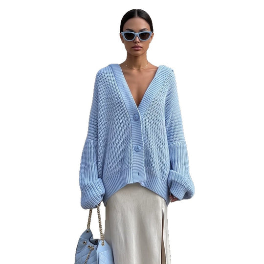 Damen Oversized Kapuzen-Strickcardigan mit Ballonärmeln und Knopfleiste Shop Nory