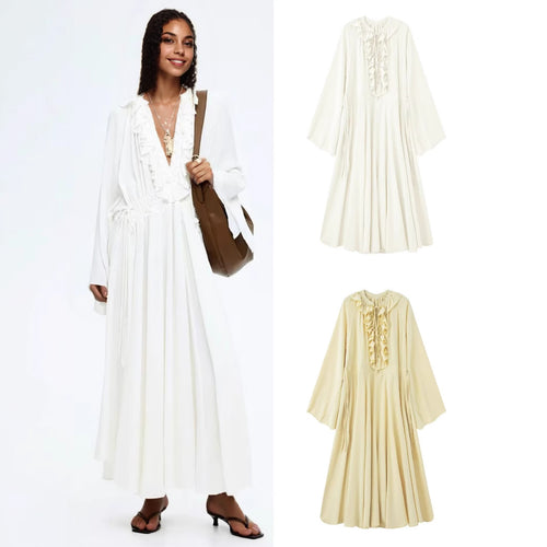 Damen Maxikleid mit Volants, Bindekragen und weitem Glockenärmel Shop Nory