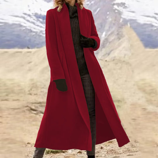 Damen eleganter langer Wollmix-Mantel mit offenem Fall und seitlichen Eingrifftaschen Shop Nory