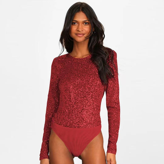 Damen Funktionsreicher Pailletten-Bodysuit mit langem Arm