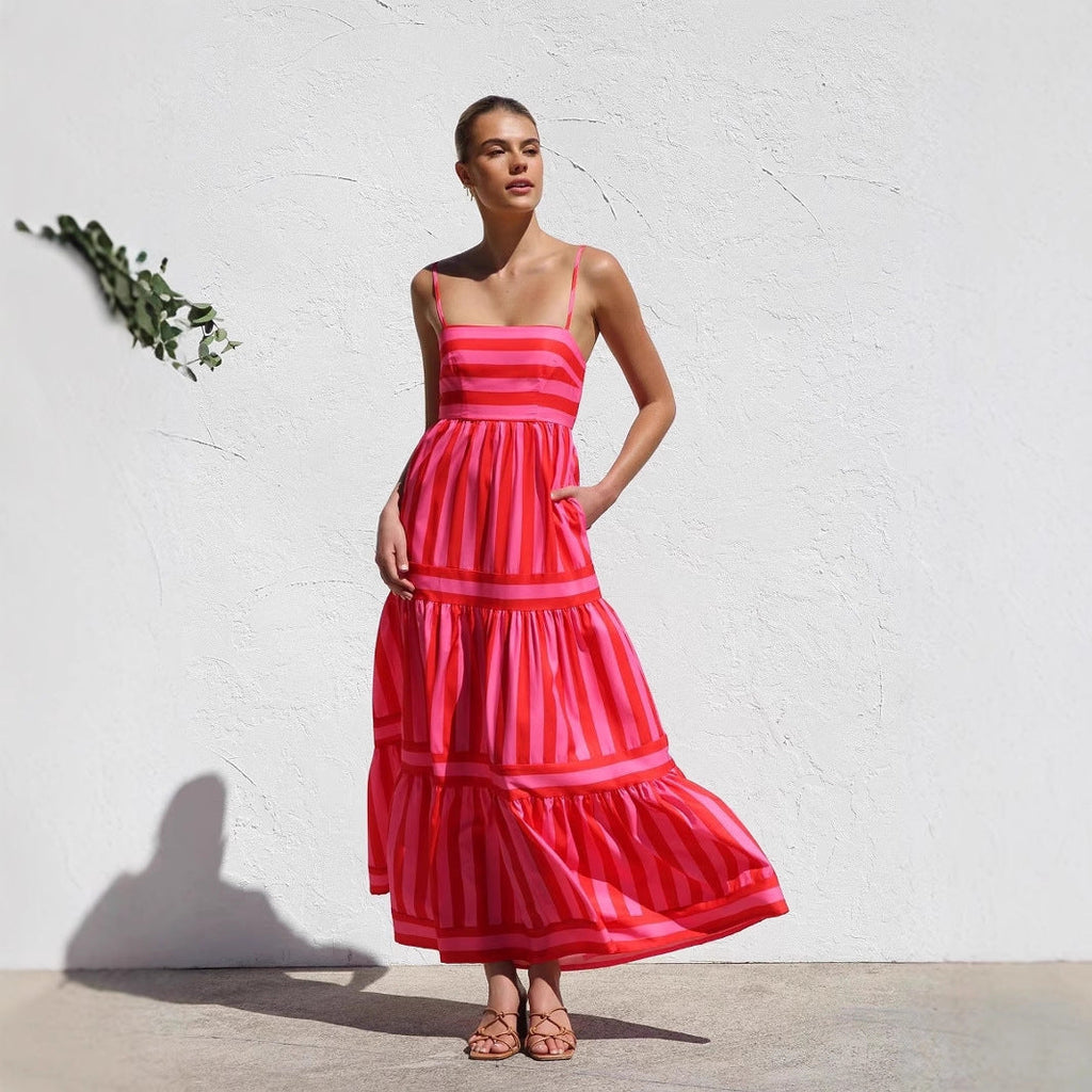 Damen Maxikleid mit Streifenmuster und fließendem Rock