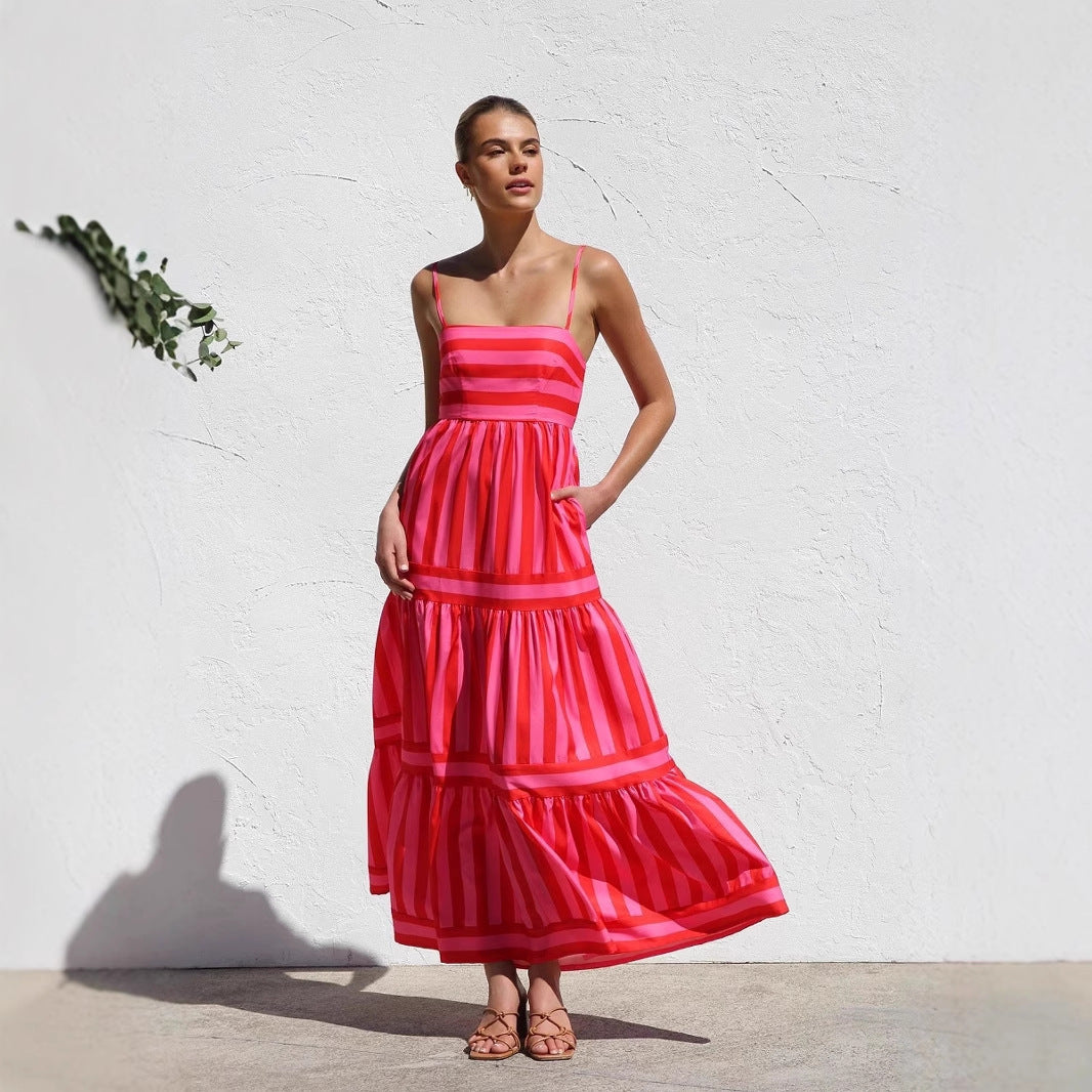 Damen Maxikleid mit Streifenmuster und fließendem Rock