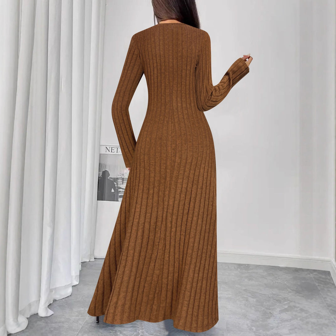 Damen Geripptes Maxi-Strickkleid mit Taillennaht und Knopfleiste Shop Nory