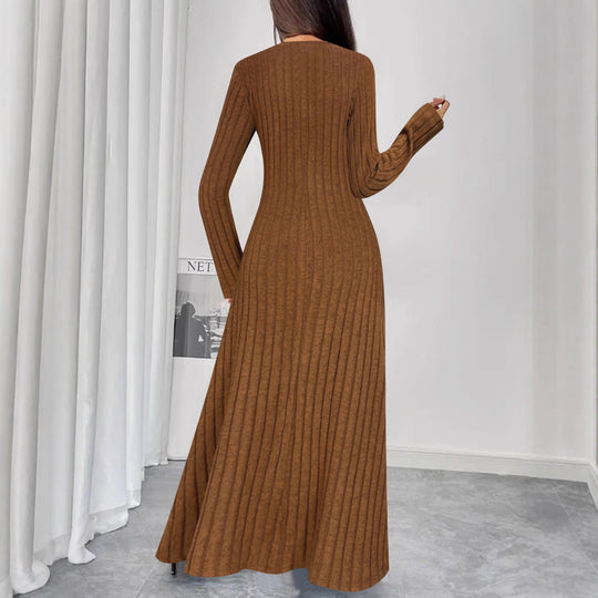 Damen Geripptes Tailliertes Maxikleid mit Knopfpatent und Rundhalsausschnitt Shop Nory