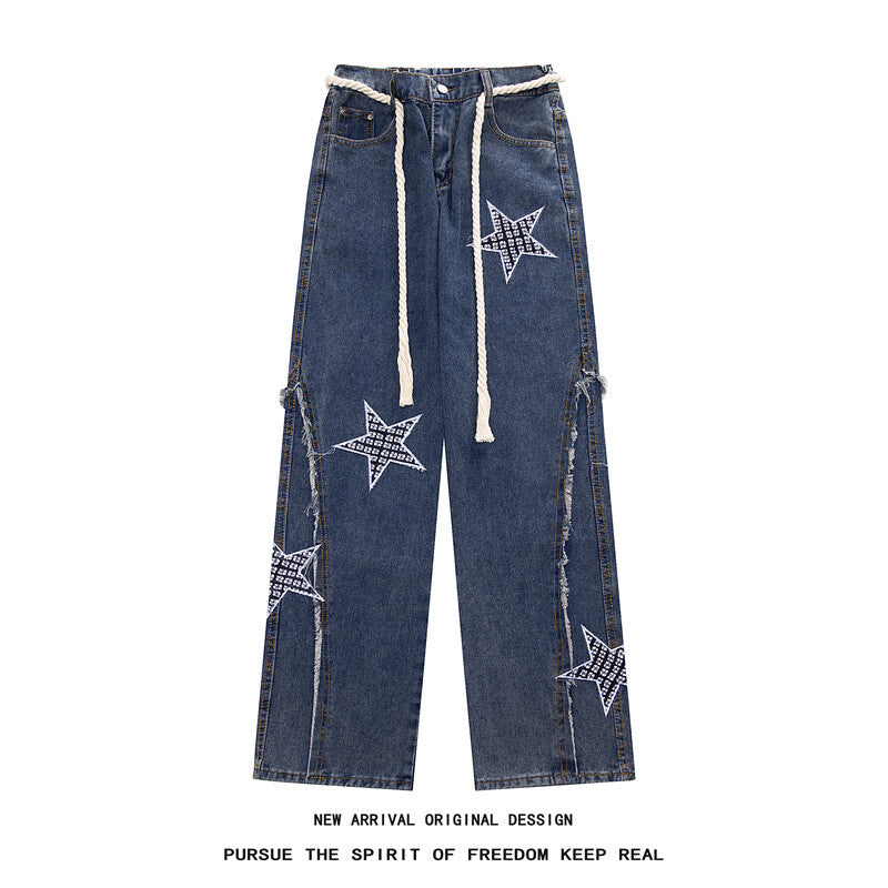 Damen Weite High‑Waist Denimhose mit Stern‑Applikationen, Fransen‑Seitenschlitzen und Kordelbund Shop Nory