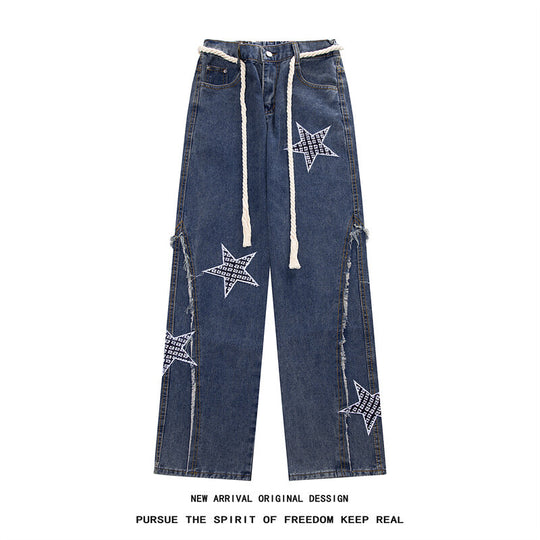 Damen Weite High‑Waist Denimhose mit Stern‑Applikationen, Fransen‑Seitenschlitzen und Kordelbund Shop Nory