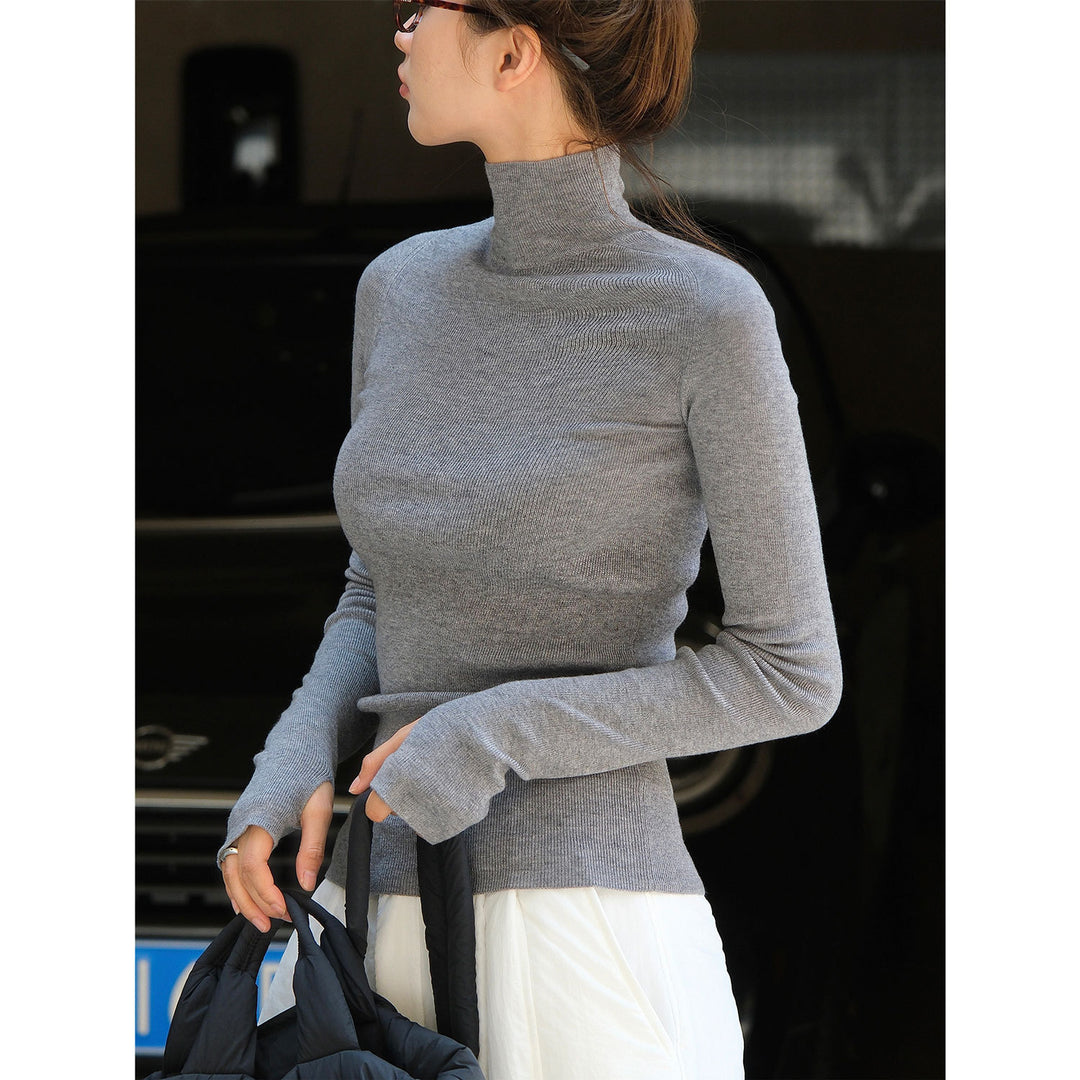 Damen Bodybetonter Feinstrick‑Rollkragenpullover mit verlängerten Ärmeln und Daumenloch Shop Nory