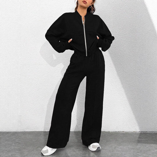 Damen Loungewear-Set mit kurzem Reißverschluss-Bomber und weiter High-Waist Jogginghose Shop Nory