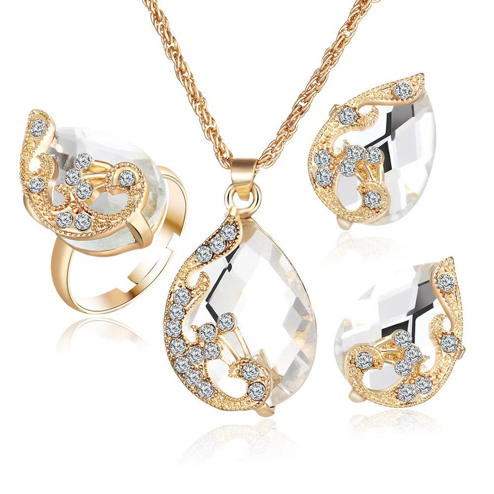 Tropfen facettiertes Kristall Anhänger Halskette Ring und Stud Ohrringe Set
