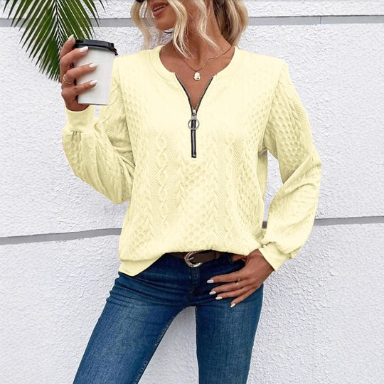 Damen grob strukturiertes Strickpullover mit Kabelmuster, halber Reißverschluss und Ballonärmel Shop Nory