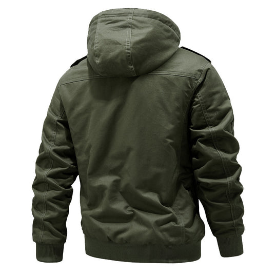 Herren Wasserabweisender Canvas-Bomber mit wärmender Sherpa-Innenlage, Kapuze und Utility-Taschen Shop Nory