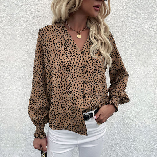 Damen Leichtfall-Bluse mit V-Ausschnitt, durchgehender Knopfleiste und gerüschten Manschetten Shop Nory