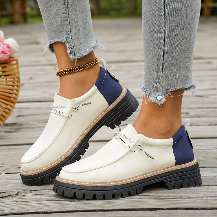 Damen Modische Slipper-Loafer mit grober Profilsohle, Canvas-Obermaterial und dekorativer Kordel Shop Nory