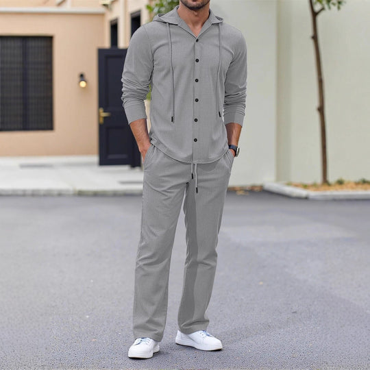 Herren lässiges zweiteiliges Lounge-Set mit Kapuzenhemd, durchgehender Knopfleiste und Tunnelzughose Shop Nory