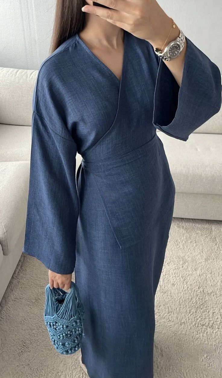 Damen Wickelmaxikleid in Leinenoptik mit Kimonoärmeln und Taillenbund Shop Nory