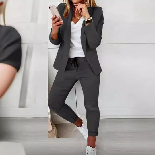 Damen nan lässiges Hosenanzug-Set mit Joggerhose, Kordelzug und tailliertem Blazer Shop Nory