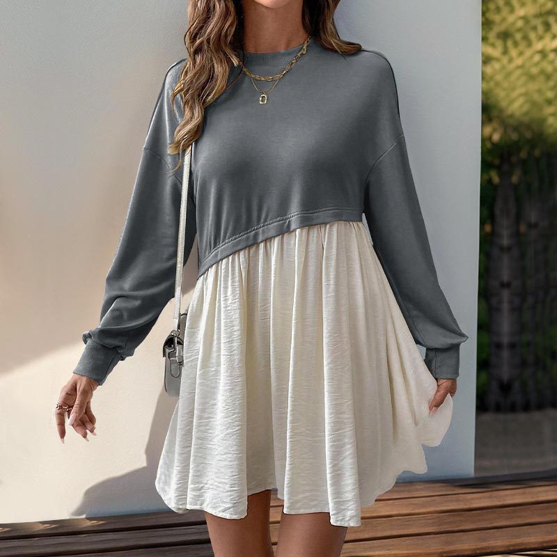Damen Lässiges Sweatshirt-Babydoll-Kleid mit asymmetrischer Taillennaht und weiter Stufenrock Shop Nory