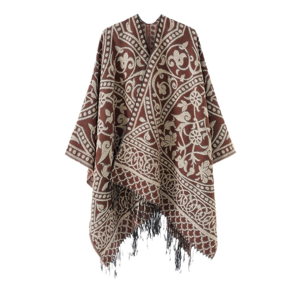 Damen Jacquard-Überwurf mit orientalischem Ornamentmuster und Fransensaum Shop Nory
